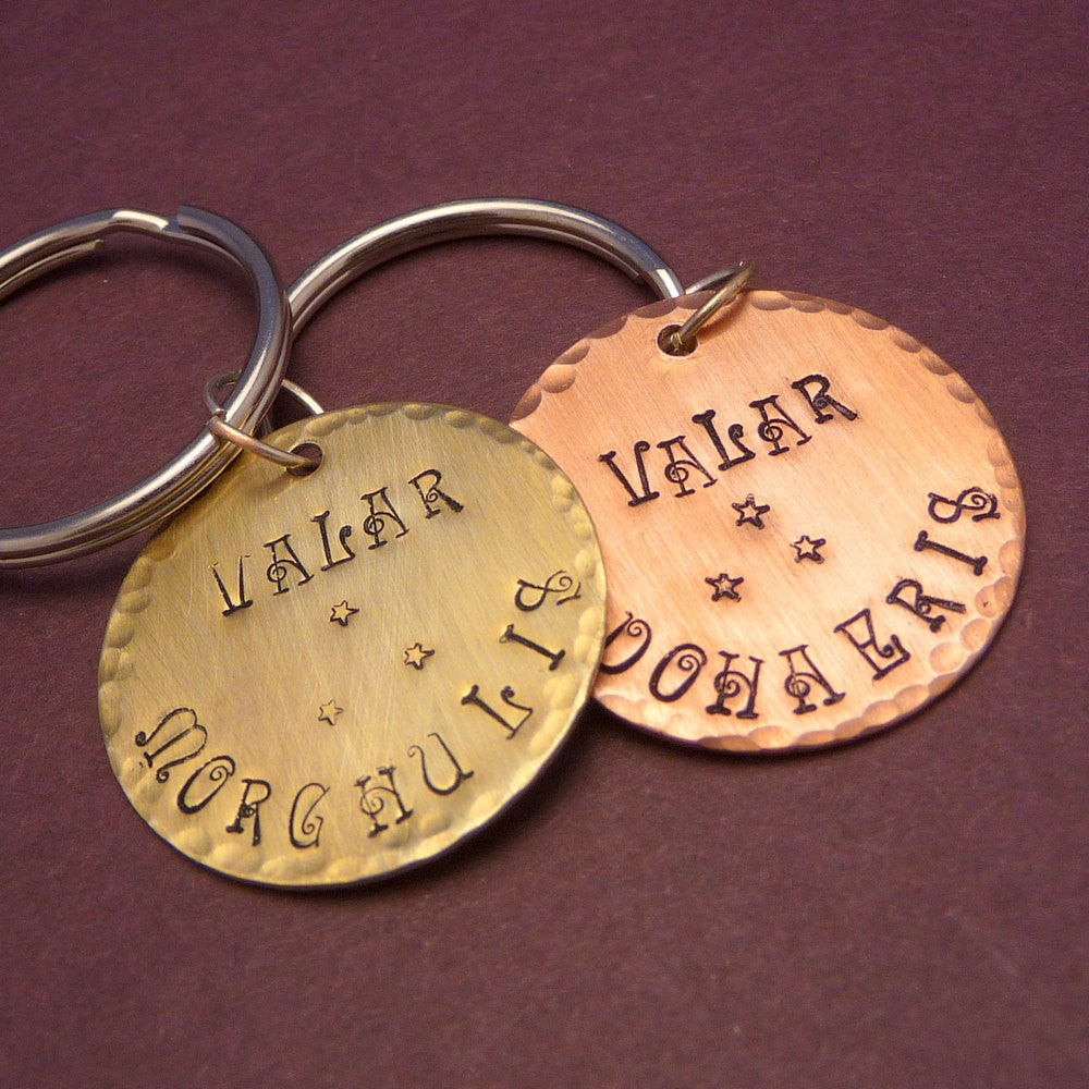 Game of Thrones Inspired - Valar Morghulis and Valar Dohaeris - A Pair of Hand Stamped Copper and Brass Keychains