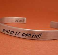 Game of Thrones Inspired - Winter Is Coming. Stark - A Double Sided Hand Stamped Aluminum Bracelet