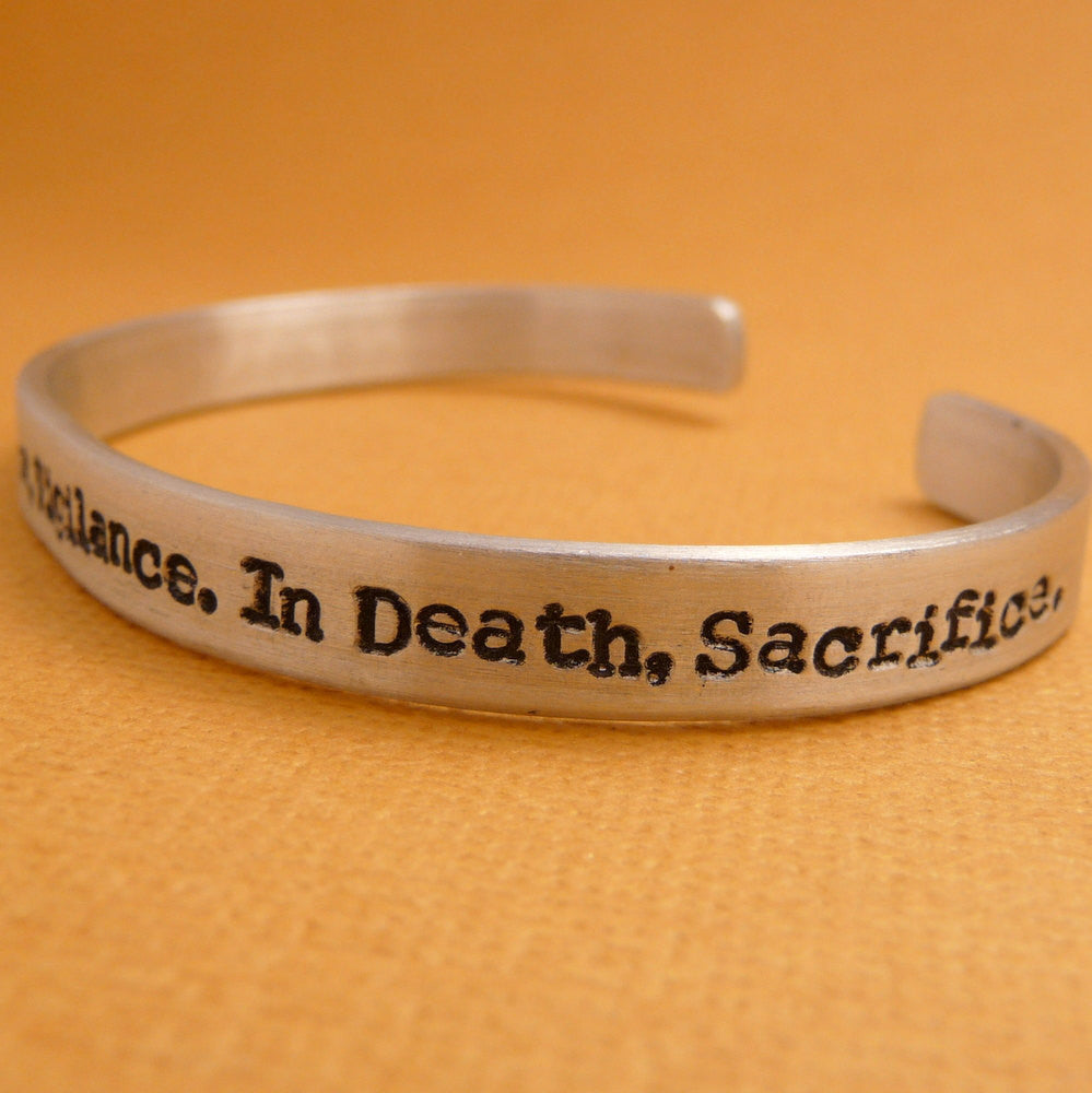 Dragon Age Inspired - In War, Victory. In Peace, Vigilance. In Death, Sacrifice. - A 1/4" Hand Stamped Bracelet in Aluminum or Sterling Silver
