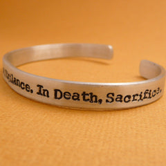 Dragon Age Inspired - In War, Victory. In Peace, Vigilance. In Death, Sacrifice. - A 1/4" Hand Stamped Bracelet in Aluminum or Sterling Silver