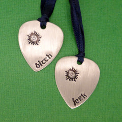SHOP EXCLUSIVE - Supernatural Inspired - Bitch & Jerk - A Set of 2 Hand Stamped Aluminum Guitar Pick Ornaments