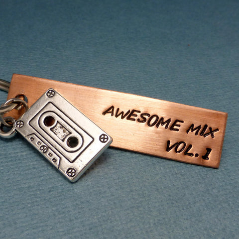 Guardians of the Galaxy Inspired - Awesome Mix Vol. 1 - A Hand Stamped Keychain in Aluminum or Copper w/ Cassette charm