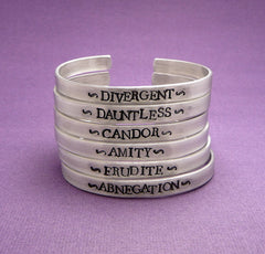 Divergent Inspired - Faction (CHOOSE ONE) - Divergent, Dauntless, Abnegation, Amity, Candor or Erudite - A Hand Stamped Bracelet