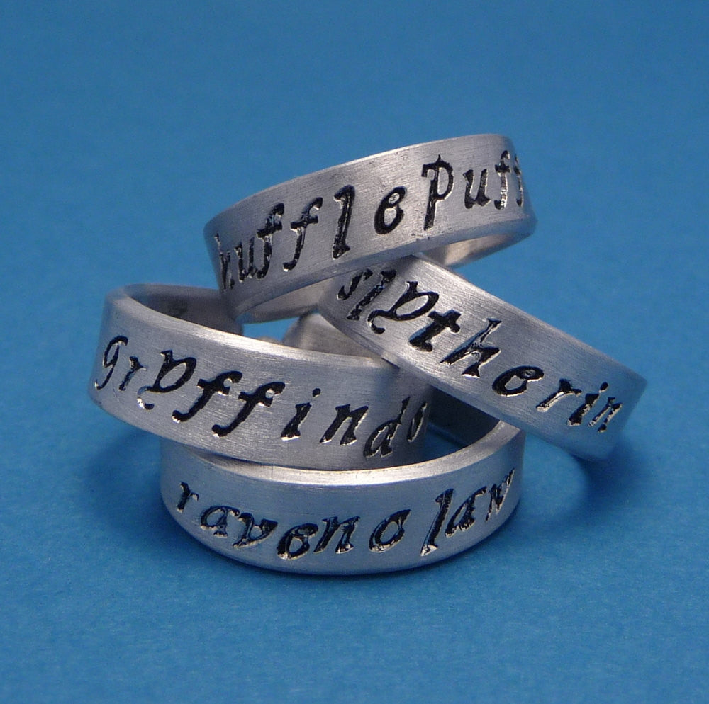 Harry Potter Inspired - Choose ONE - Gryffindor, Slytherin, Huffepuff, and Ravenclaw - A Hand Stamped Aluminum Ring
