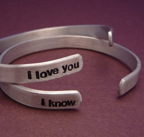 Star Wars Inspired - I Love You and I Know - A Pair of Hand Stamped Bracelets in Aluminum or Sterling Silver