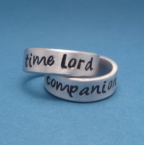 CLEARANCE - Doctor Who Inspired - Time Lord & Companion - A Pair of Hand Stamped Aluminum Rings