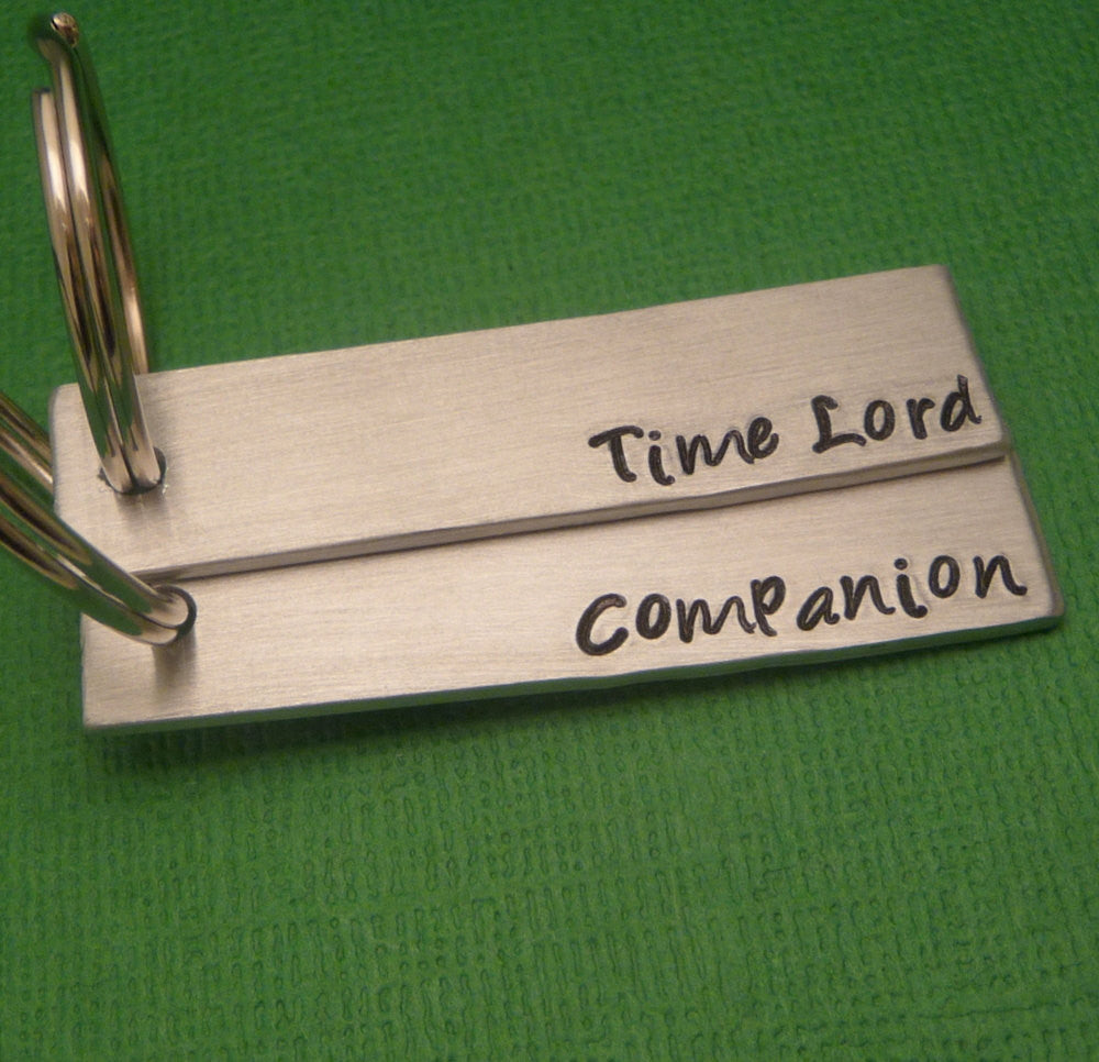 Doctor Who Inspired - Time Lord & Companion - A Pair of Hand Stamped Keychains in Aluminum or Copper