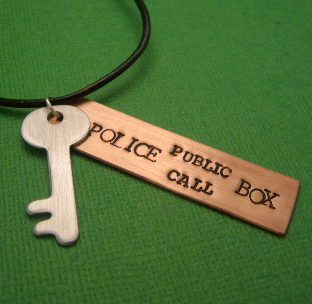 Doctor Who Inspired - Police Public Call Box - A Hand Stamped Necklace in Copper, Aluminum or Brass