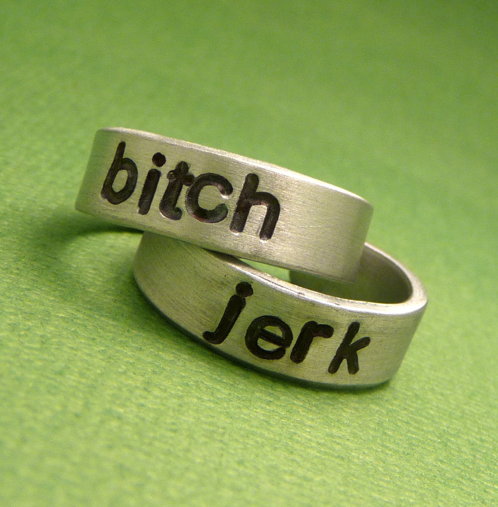 Supernatural Inspired - Bitch & Jerk - A Pair of Hand Stamped Aluminum Rings